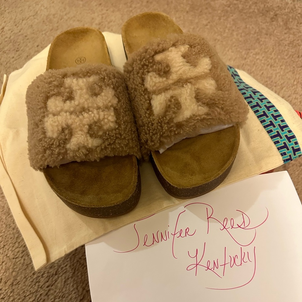 Tory Burch Double T Shearling Platform Slide Sandals